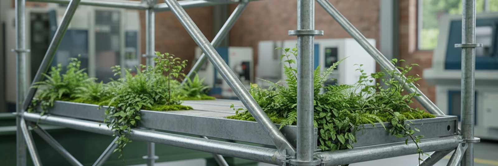 A scaffold with plants growing out of it
