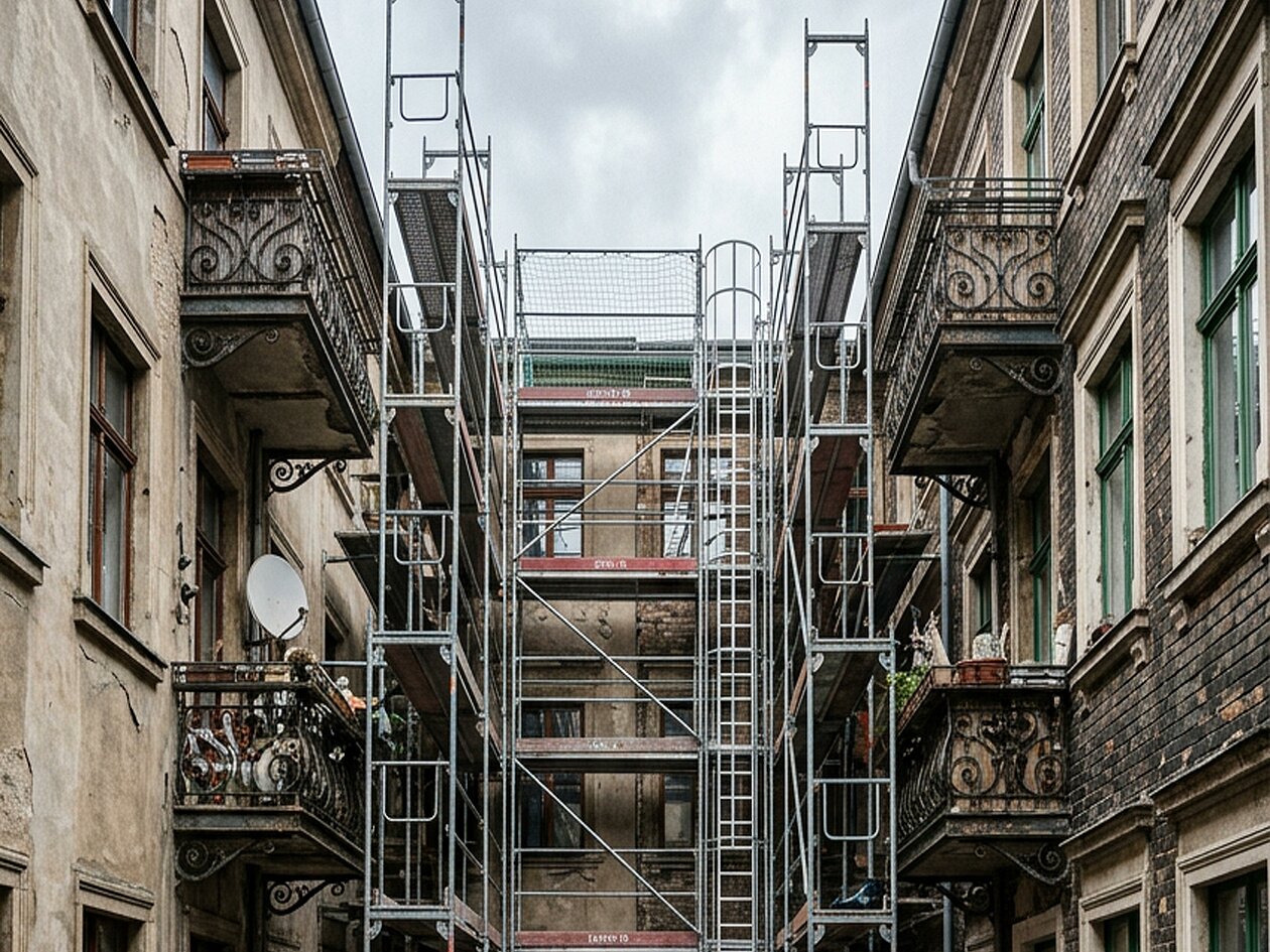 Modulgerüst enger Innenhof Gründerzeitgebäude