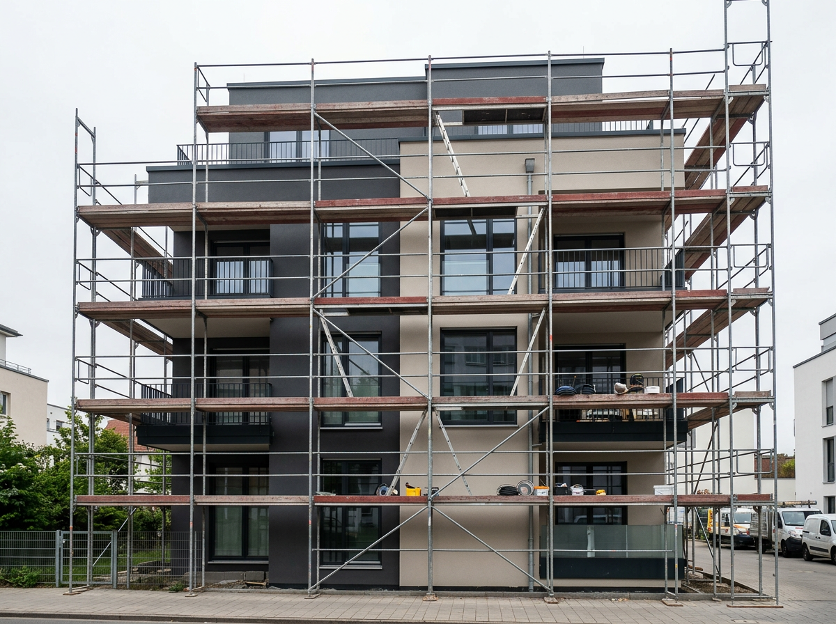 cetrac-scaffolding-usecase-allround-vs-blitz Rahmengerüst an gerader Wohngebäudefassade – schneller Aufbau bei Fassadenarbeiten