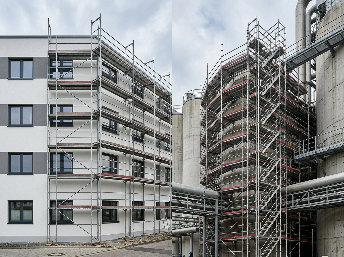 Rahmengerüst oder Modulgerüst – welches System passt zu Ihrem Projekt? Rahmengerüst vs. Modulgerüst Vergleich – zwei Gerüstsysteme nebeneinander