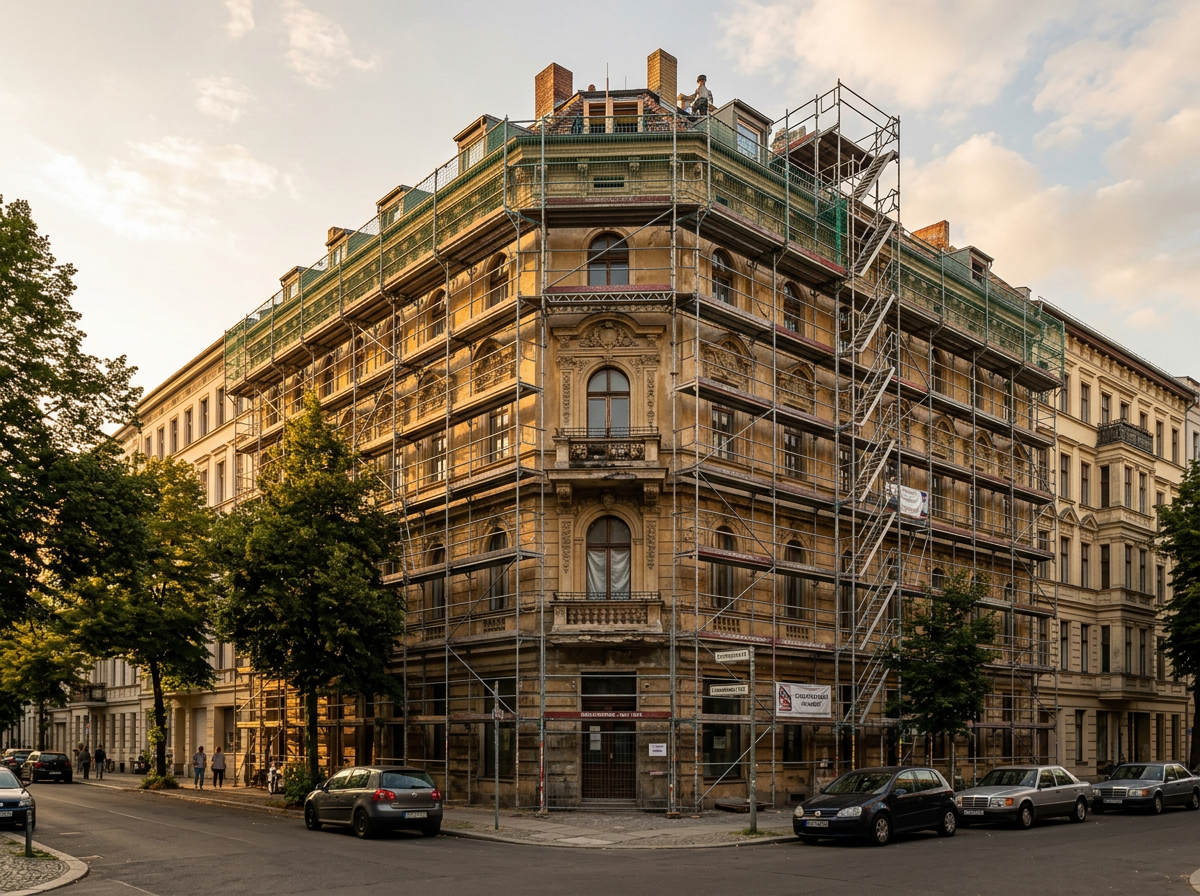 Gerüst an Altbaufassade bei Renovierung – Fassadengerüst Gründerzeithaus
