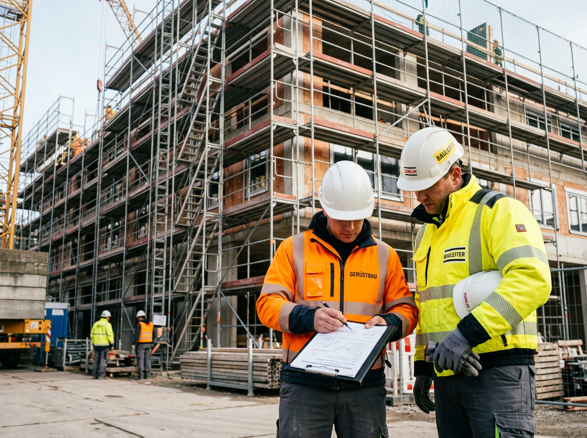 Gerüstübergabe auf der Baustelle – Gerüstbauer übergibt Dokumentation an Auftraggeber